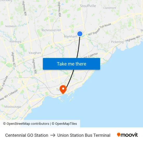 Centennial GO Station to Union Station Bus Terminal map