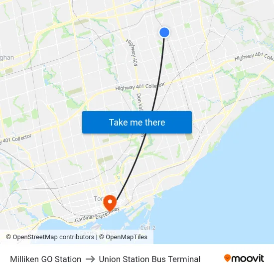 Milliken GO Station to Union Station Bus Terminal map