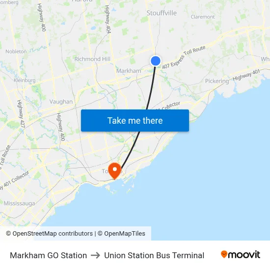 Markham GO Station to Union Station Bus Terminal map