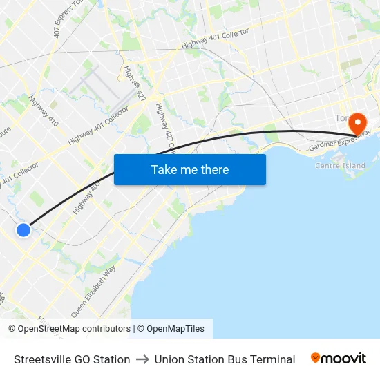 Streetsville GO Station to Union Station Bus Terminal map