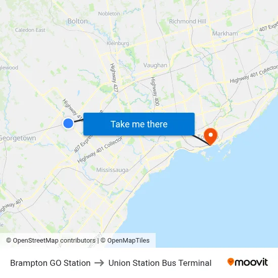 Brampton GO Station to Union Station Bus Terminal map