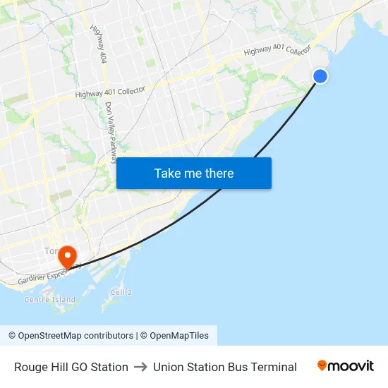 Rouge Hill GO Station to Union Station Bus Terminal map