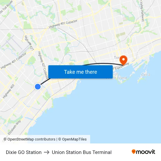 Dixie GO Station to Union Station Bus Terminal map