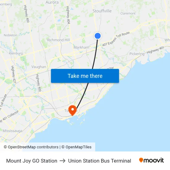 Mount Joy GO Station to Union Station Bus Terminal map