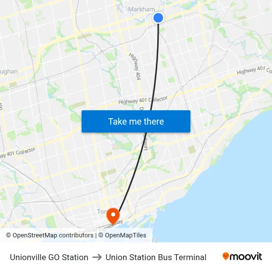 Unionville GO Station to Union Station Bus Terminal map
