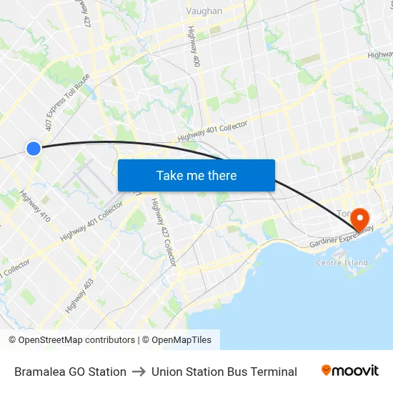 Bramalea GO Station to Union Station Bus Terminal map
