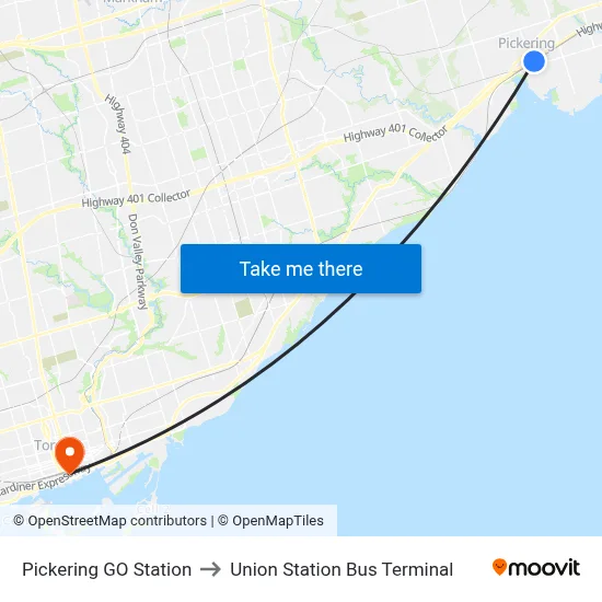 Pickering GO Station to Union Station Bus Terminal map