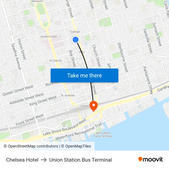 Chelsea Hotel to Union Station Bus Terminal map