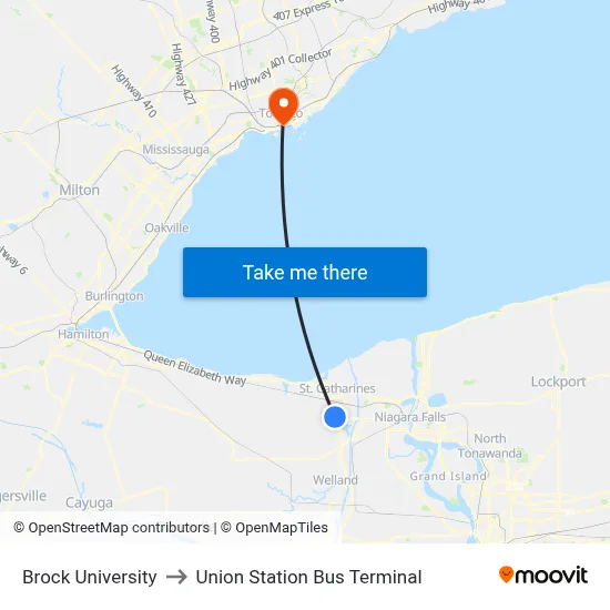 Brock University to Union Station Bus Terminal map