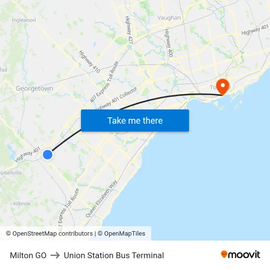 Milton GO to Union Station Bus Terminal map