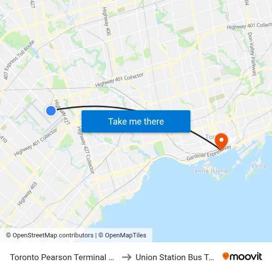 Toronto Pearson Terminal 1 Station to Union Station Bus Terminal map