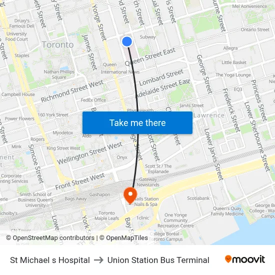 St Michael s Hospital to Union Station Bus Terminal map