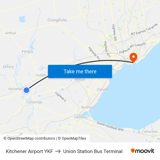 Kitchener Airport YKF to Union Station Bus Terminal map