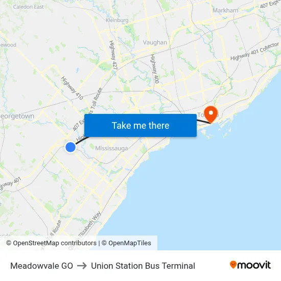 Meadowvale GO to Union Station Bus Terminal map