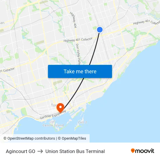 Agincourt GO to Union Station Bus Terminal map