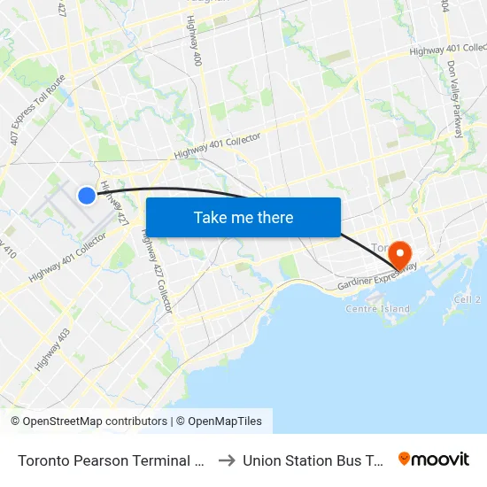 Toronto Pearson Terminal 3 Station to Union Station Bus Terminal map