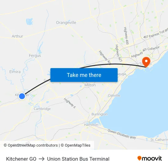 Kitchener GO to Union Station Bus Terminal map