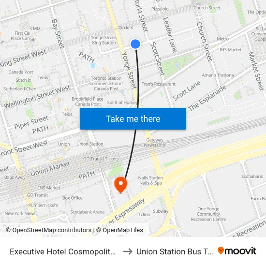 Executive Hotel Cosmopolitan Toronto to Union Station Bus Terminal map