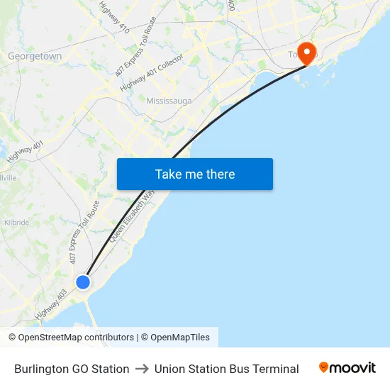 Burlington GO Station to Union Station Bus Terminal map