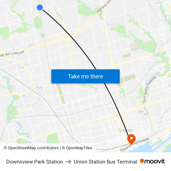 Downsview Park Station to Union Station Bus Terminal map