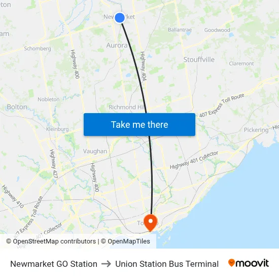 Newmarket GO Station to Union Station Bus Terminal map