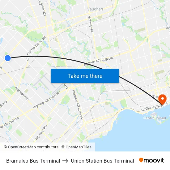Bramalea Bus Terminal to Union Station Bus Terminal map
