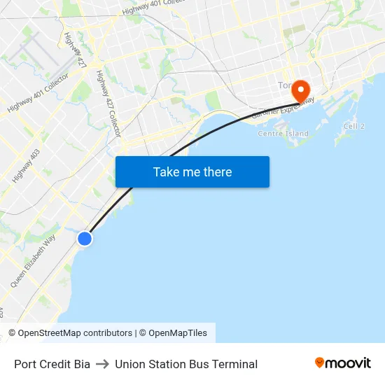Port Credit Bia to Union Station Bus Terminal map