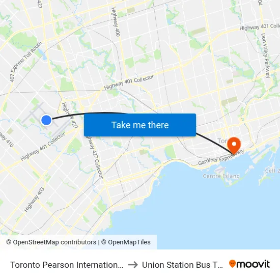 Toronto Pearson International Airport to Union Station Bus Terminal map