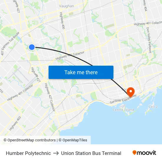 Humber Polytechnic to Union Station Bus Terminal map