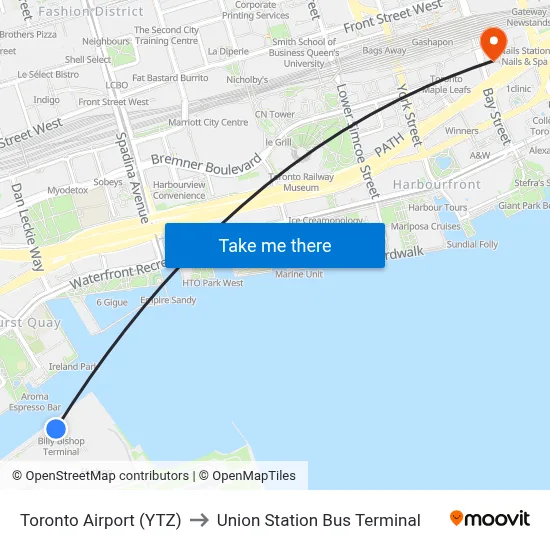 Toronto Airport (YTZ) to Union Station Bus Terminal map