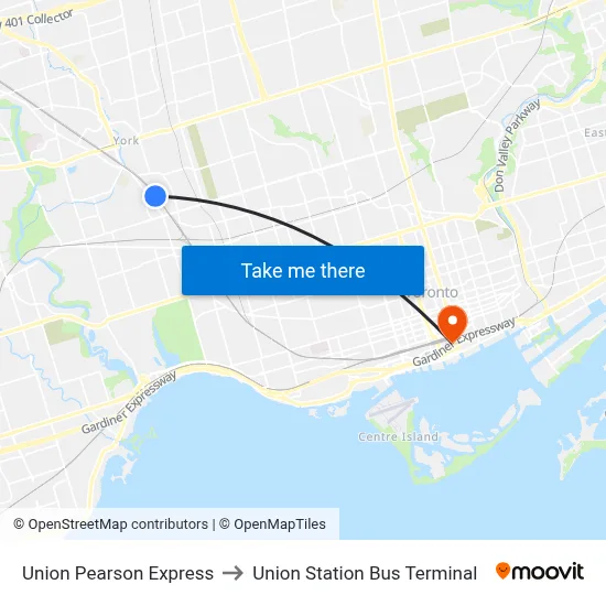 Union Pearson Express to Union Station Bus Terminal map