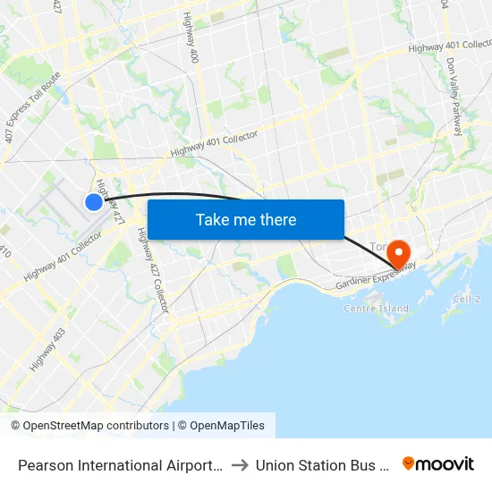Pearson International Airport Terminal 1 to Union Station Bus Terminal map