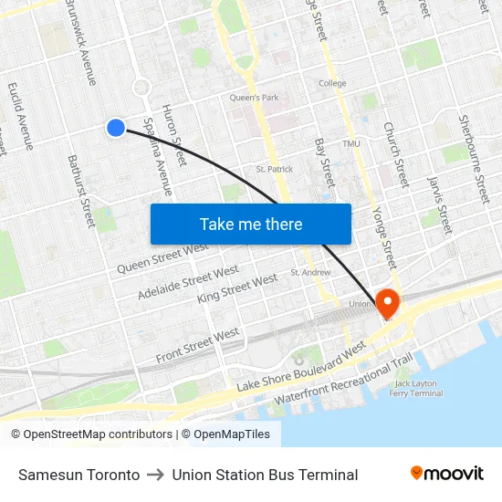 Samesun Toronto to Union Station Bus Terminal map