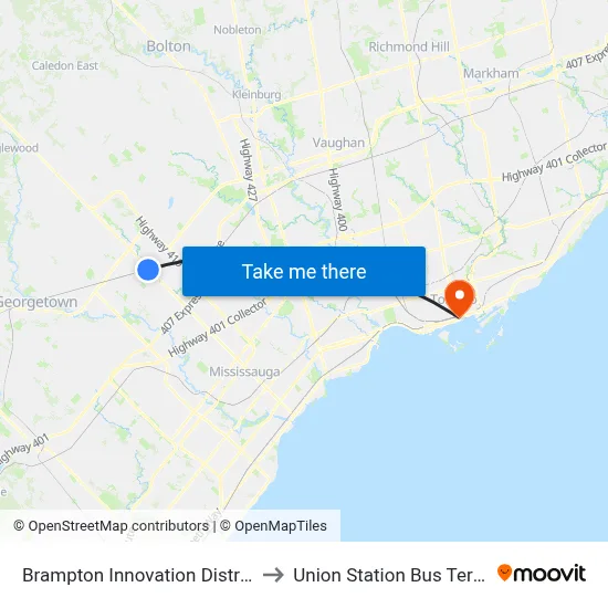 Brampton Innovation District GO to Union Station Bus Terminal map