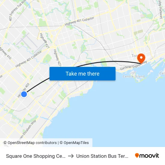 Square One Shopping Centre to Union Station Bus Terminal map