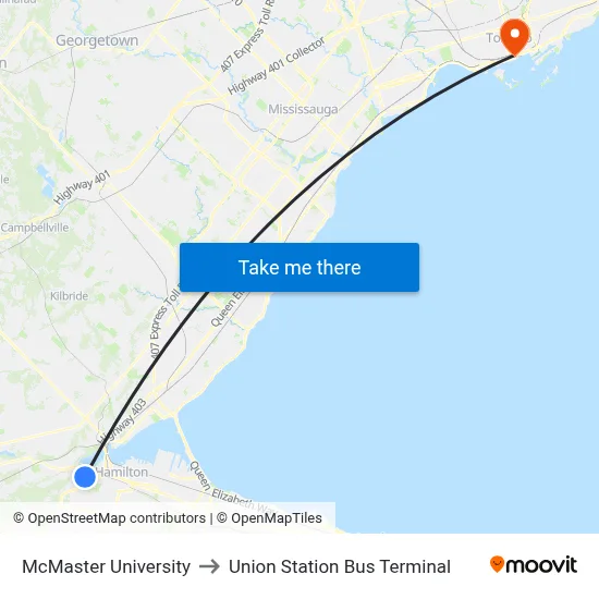 McMaster University, 1280 Main St W to Union Station Bus Terminal map