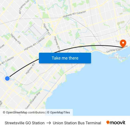 Streetsville GO Station to Union Station Bus Terminal map