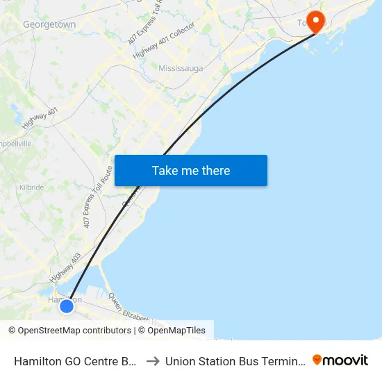 Hamilton GO Centre Bus to Union Station Bus Terminal map