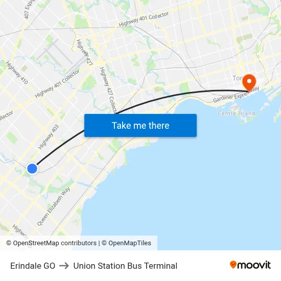 Erindale GO to Union Station Bus Terminal map