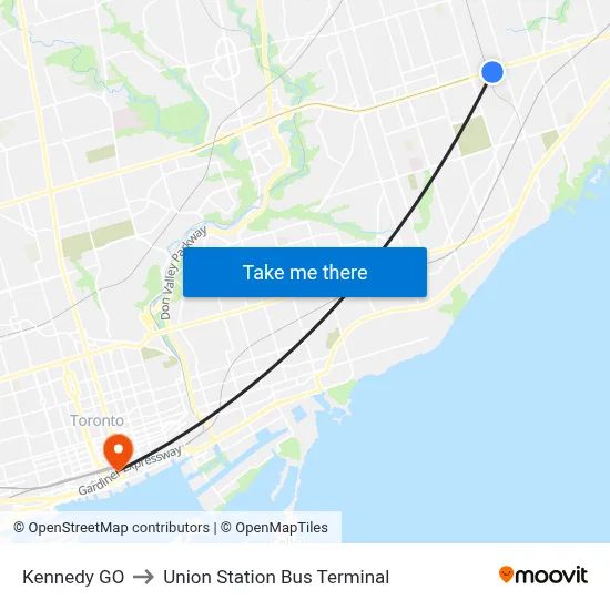 Kennedy GO to Union Station Bus Terminal map
