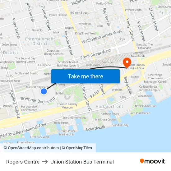 Rogers Centre to Union Station Bus Terminal map