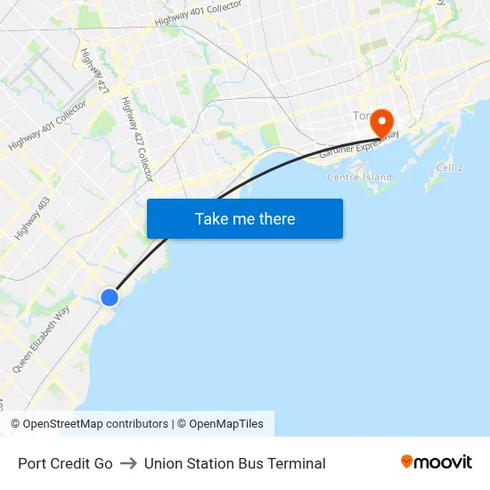 Port Credit Go to Union Station Bus Terminal map