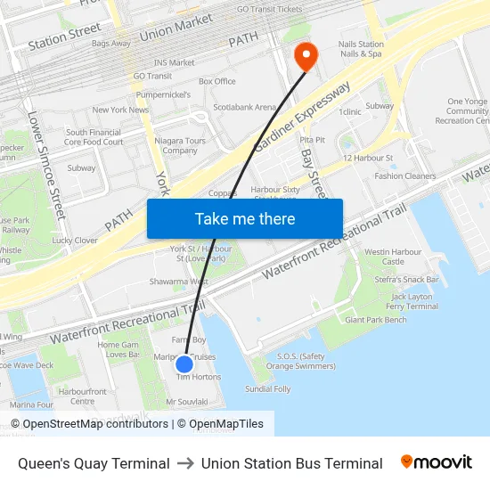 Queen's Quay Terminal to Union Station Bus Terminal map