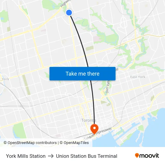 York Mills Station to Union Station Bus Terminal map