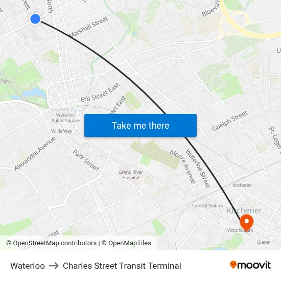 Waterloo to Charles Street Transit Terminal map