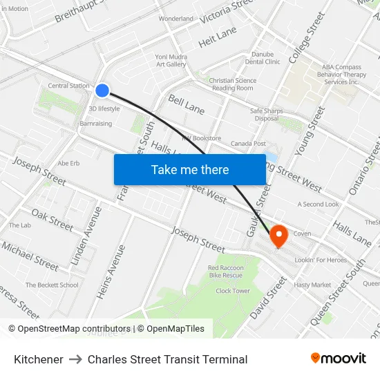 Kitchener to Charles Street Transit Terminal map