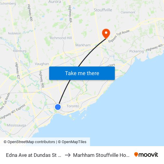 Edna Ave at Dundas St West to Marhham Stouffville Hospital map
