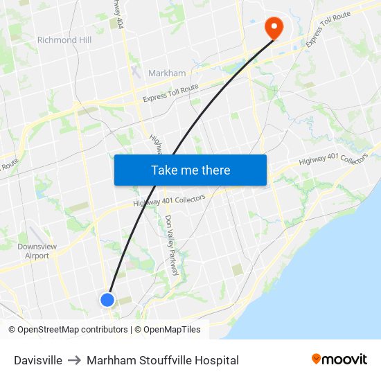 Davisville to Marhham Stouffville Hospital map