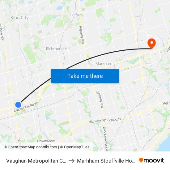 Vaughan Metropolitan Centre to Marhham Stouffville Hospital map