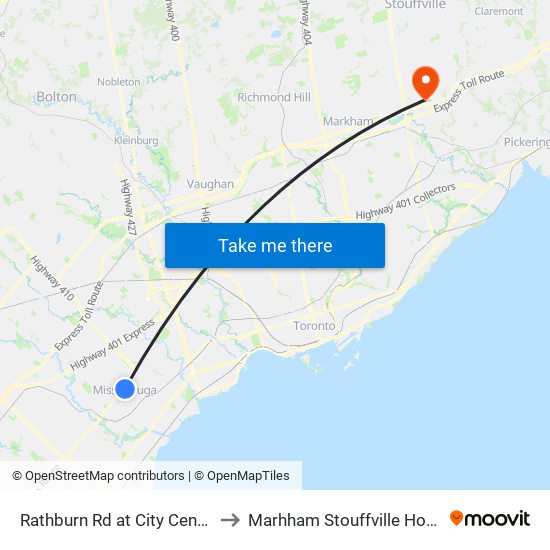 Rathburn Rd at City Centre Dr to Marhham Stouffville Hospital map